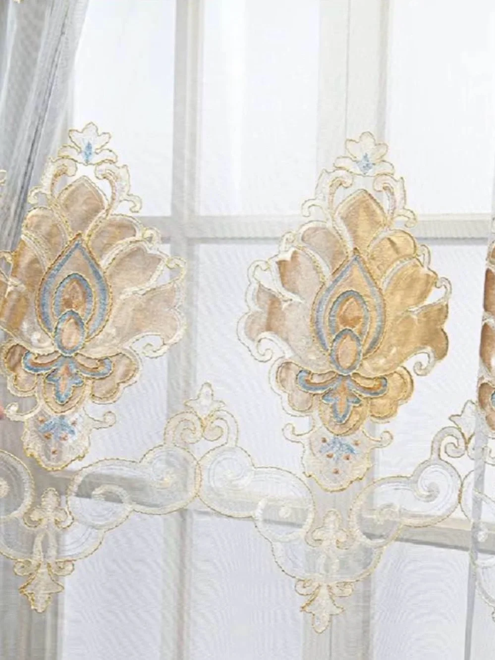 Jacquard Sheer Embroidered Tulle Curtains Gold, Cream, Grey, Blue